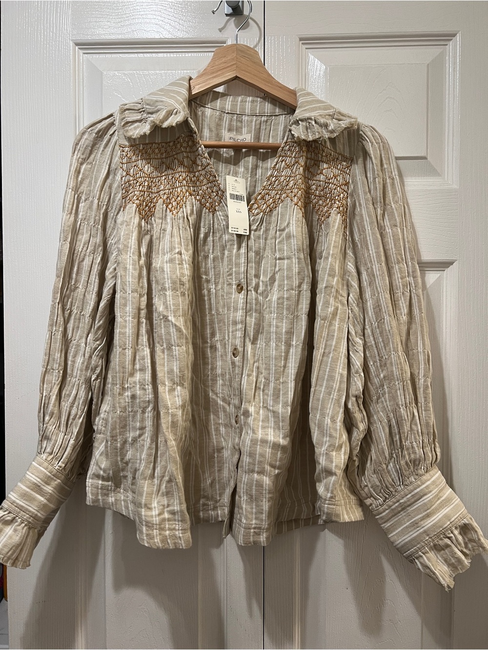 Anthropologie PILCRO Light Tan Striped Button-Front Blouse with Crochet Yoke